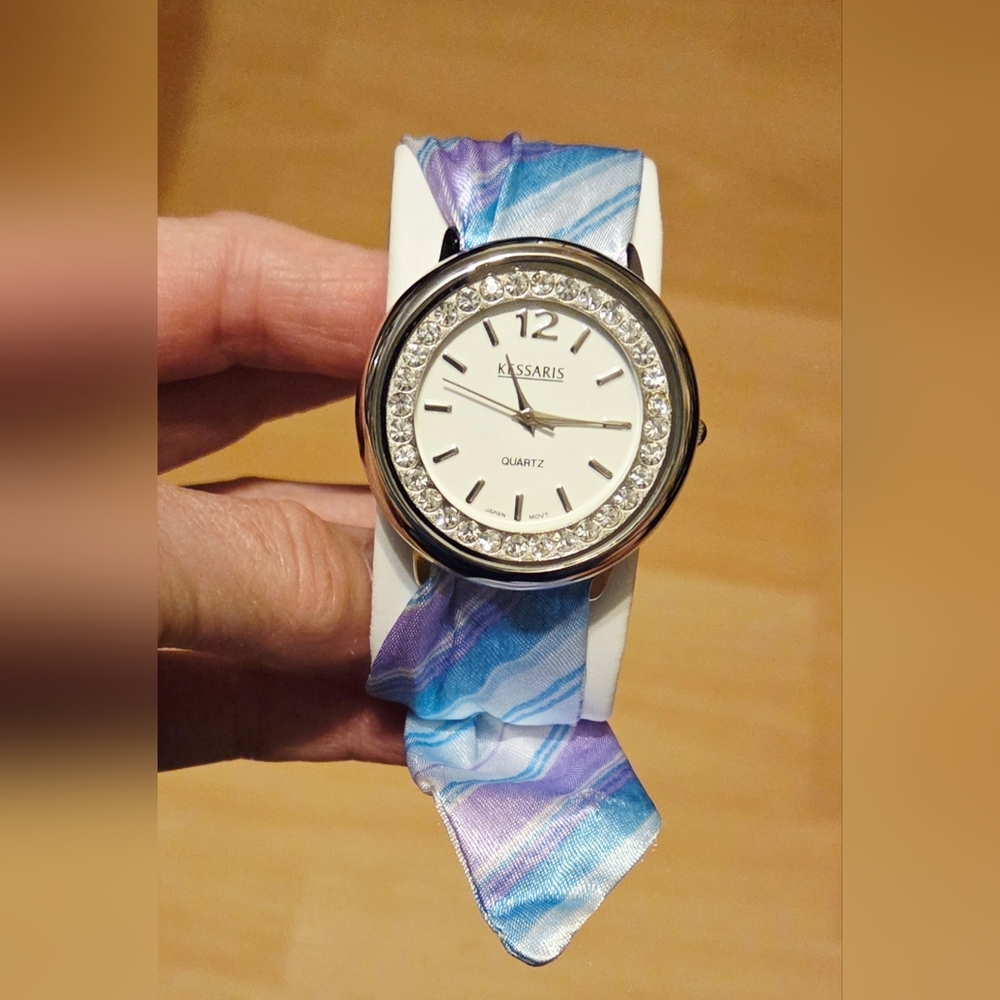 Accutime Kessaris Rhinestone 1.5" Face On Fabric Band